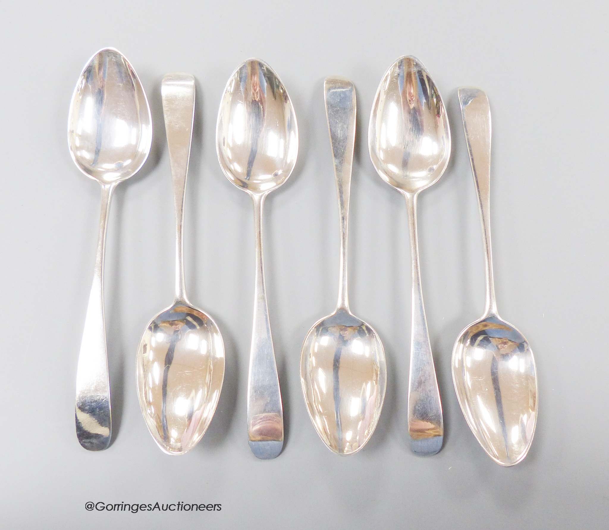 A rare set of six early 19th century Scottish provincial silver Old English pattern dessert spoons, John Keith, Banff, circa 1800, 17.5cm, 167 grams.